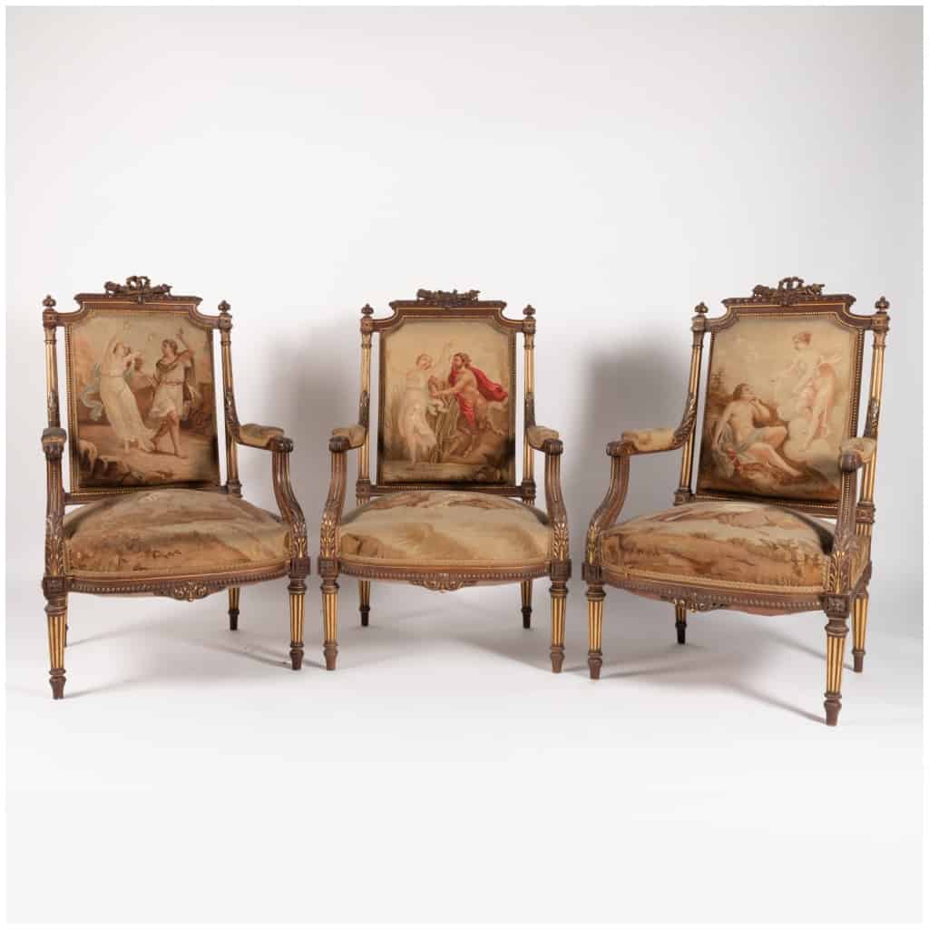 Mobilier de salon style Louis XVI en bois naturel et tapisserie d’Aubusson, XIXe 7