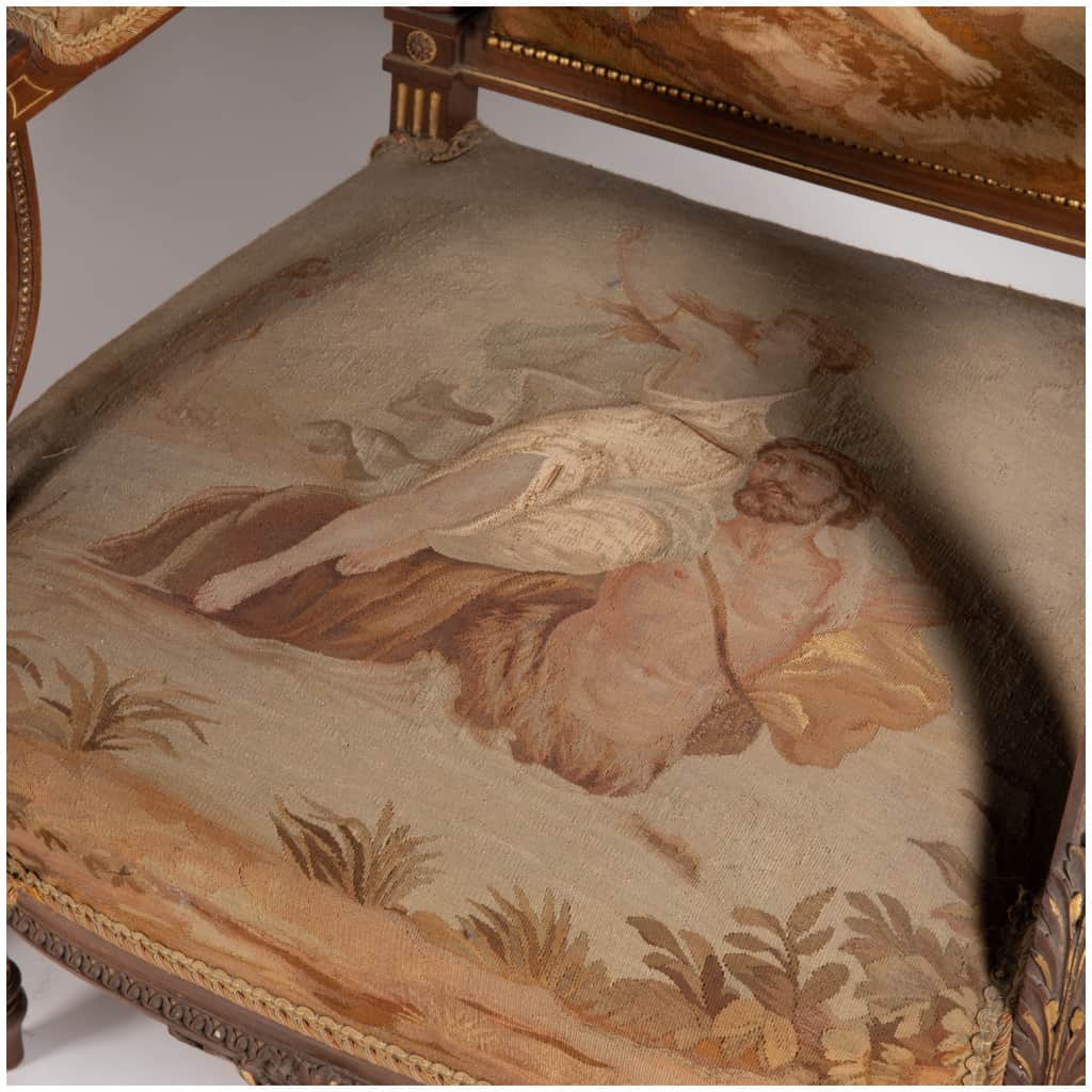 Mobilier de salon style Louis XVI en bois naturel et tapisserie d’Aubusson, XIXe 9