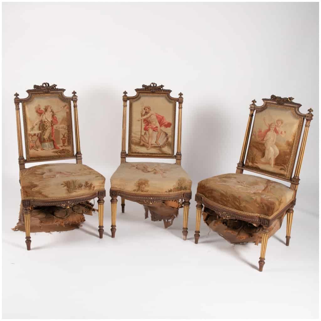 Mobilier de salon style Louis XVI en bois naturel et tapisserie d’Aubusson, XIXe 11