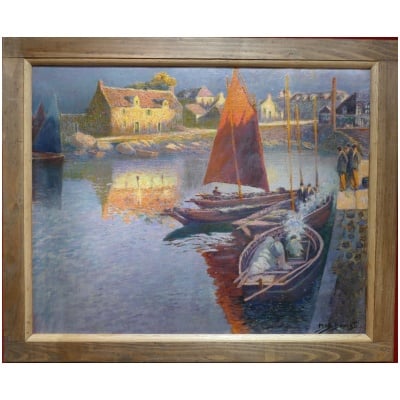 Max BOUVET French Marine Painting 20th century Small Breton port Oil on canvas signed