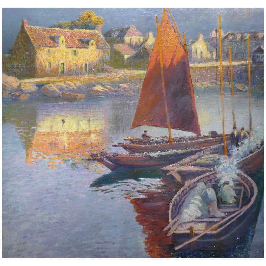 Max BOUVET Peinture Française Marine 20ème siècle Petit port Breton Huile sur toile signée 13