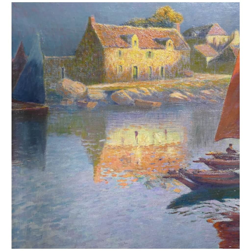 Max BOUVET Peinture Française Marine 20ème siècle Petit port Breton Huile sur toile signée 14