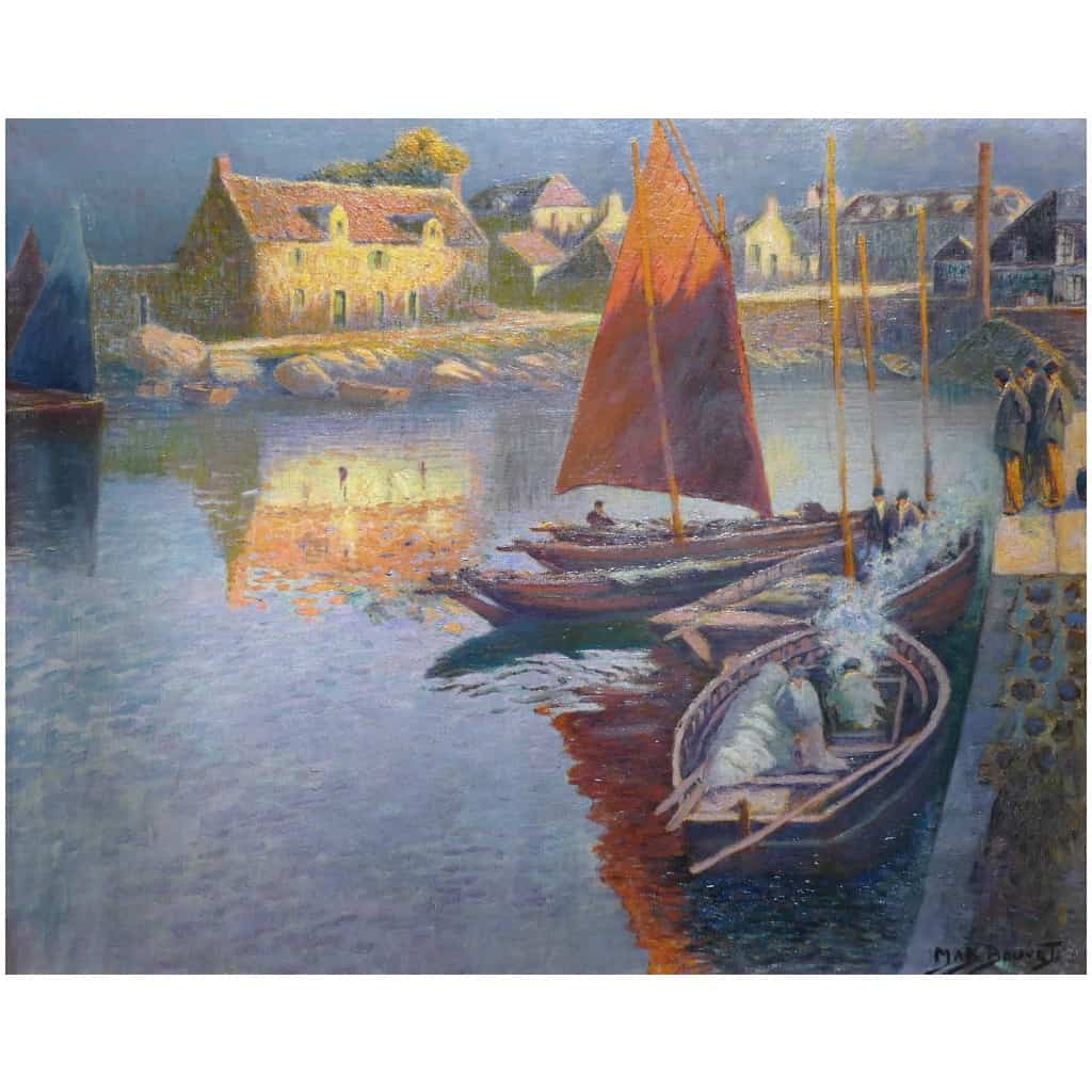 Max BOUVET Peinture Française Marine 20ème siècle Petit port Breton Huile sur toile signée 15