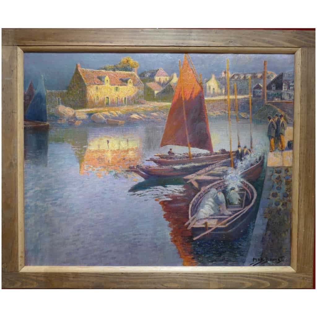 Max BOUVET Peinture Française Marine 20ème siècle Petit port Breton Huile sur toile signée 4