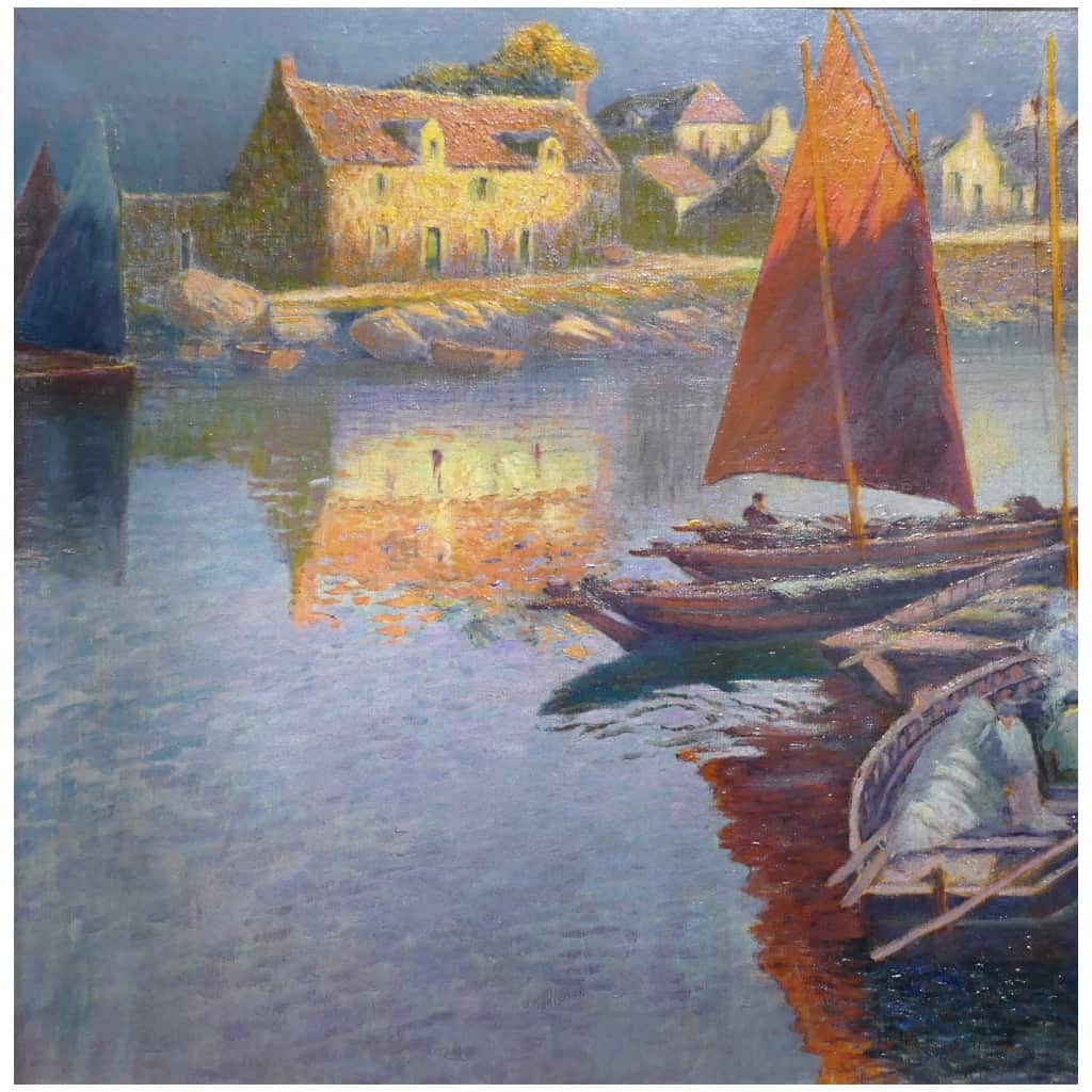 Max BOUVET Peinture Française Marine 20ème siècle Petit port Breton Huile sur toile signée 9