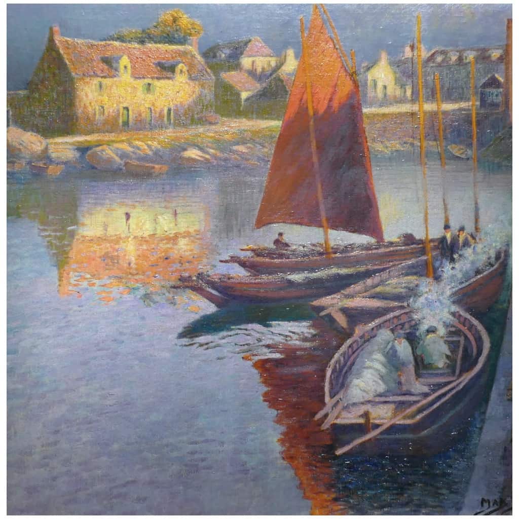 Max BOUVET Peinture Française Marine 20ème siècle Petit port Breton Huile sur toile signée 7
