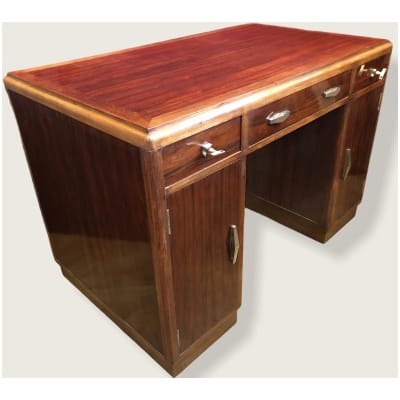 Art Deco Desk With Pedestals In Rosewood, Three Drawers In Front