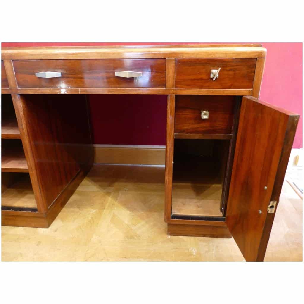 Art Deco Desk With Pedestals In Rosewood, Three Drawers In Front 9