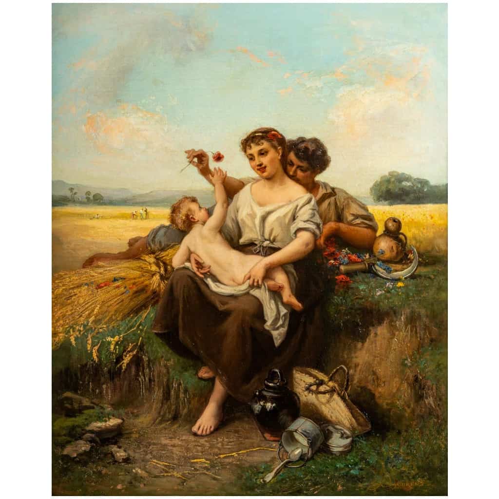 Nicolas Auguste Laurens – La Famille Romantique aux Champs huile sur toile vers 1850-1860 4