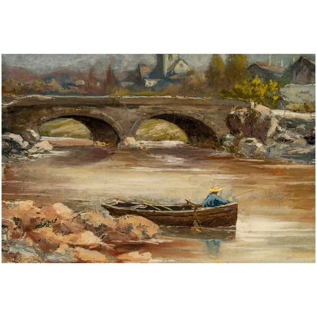 Théodore Levigne – Pêcheur dans sa barque sur une Rivière huile sur toile fin du XIXème siècle 5