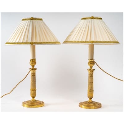 Empire Period Pair of chiseled and gilded bronze candlesticks mounted as lamps 3