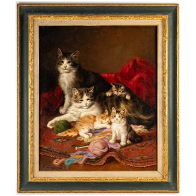 Jules Gustave Leroy (1856 – 1921) : Famille de chats à la pelote de laine.