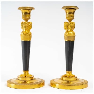 Claude Galle Pair of Marvelous Candlesticks in Patinated and Gilded Bronze circa 1799-1804