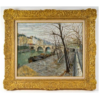 Serge Belloni « Le peintre de Paris » – Le Pont Marie et l’Ile Saint-Louis à Paris vers 1960 huile sur toile