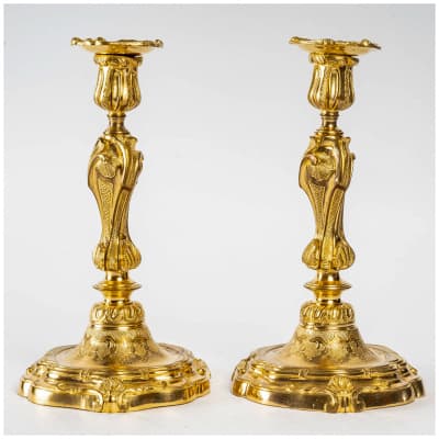Henri Picard Pair of chiseled and gilt bronze candlesticks in the Louis XV style circa 1850