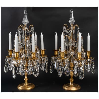 Pair of Louis style candelabra XVI in gilded bronze and crystal decoration circa 1850-1870