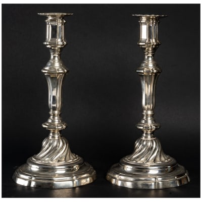 Pair of candlesticks with canted barrels in silvered bronze Regency period circa 1720