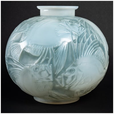 1921 René Lalique – Blue Patinated Double Layer Opalescent Glass Fish Vase