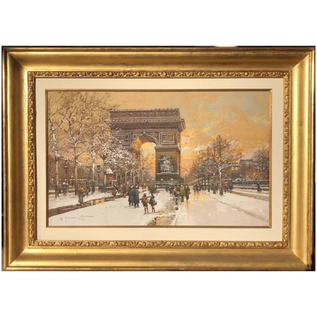 GALIEN LALOUE Painting 20th Paris Animation on the Champs Elysées and the Place de l'Etoile Gouache Signed 3