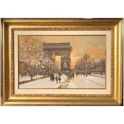 GALIEN LALOUE Tableau 20è Paris Animation sur les Champs Elysées et la place de l’Etoile Gouache Signée