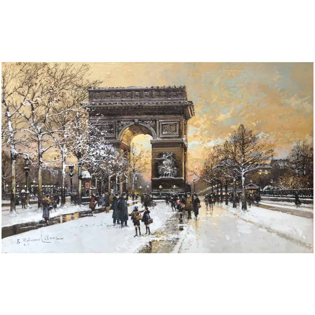 GALIEN LALOUE Painting 20th Paris Animation on the Champs Elysées and the Place de l'Etoile Gouache Signed 9