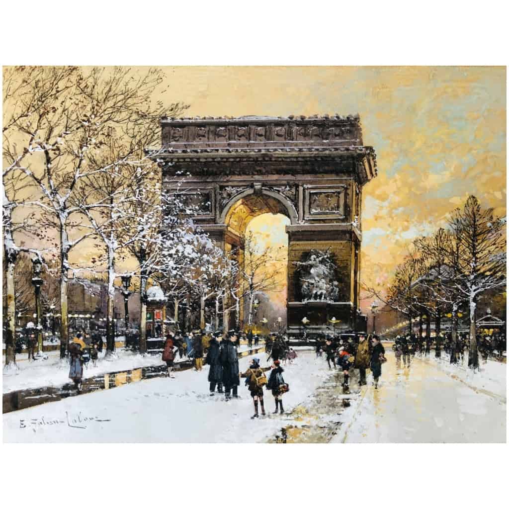 GALIEN LALOUE Painting 20th Paris Animation on the Champs Elysées and the Place de l'Etoile Gouache Signed 8