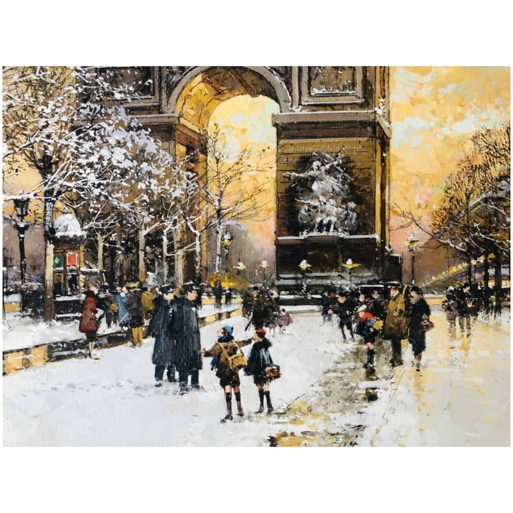 GALIEN LALOUE Painting 20th Paris Animation on the Champs Elysées and the Place de l'Etoile Gouache Signed 7