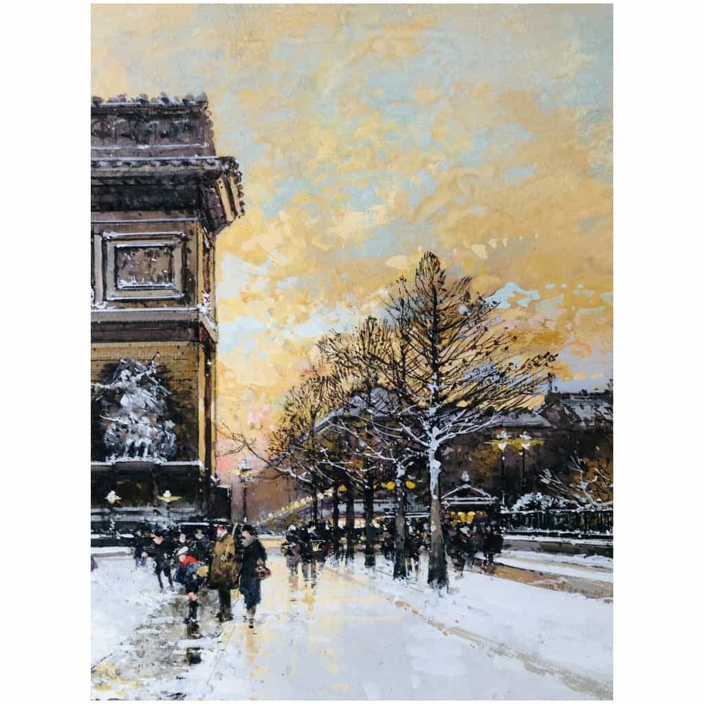 GALIEN LALOUE Painting 20th Paris Animation on the Champs Elysées and the Place de l'Etoile Gouache Signed 6