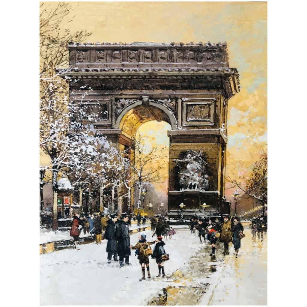 GALIEN LALOUE Painting 20th Paris Animation on the Champs Elysées and the Place de l'Etoile Gouache Signed 5