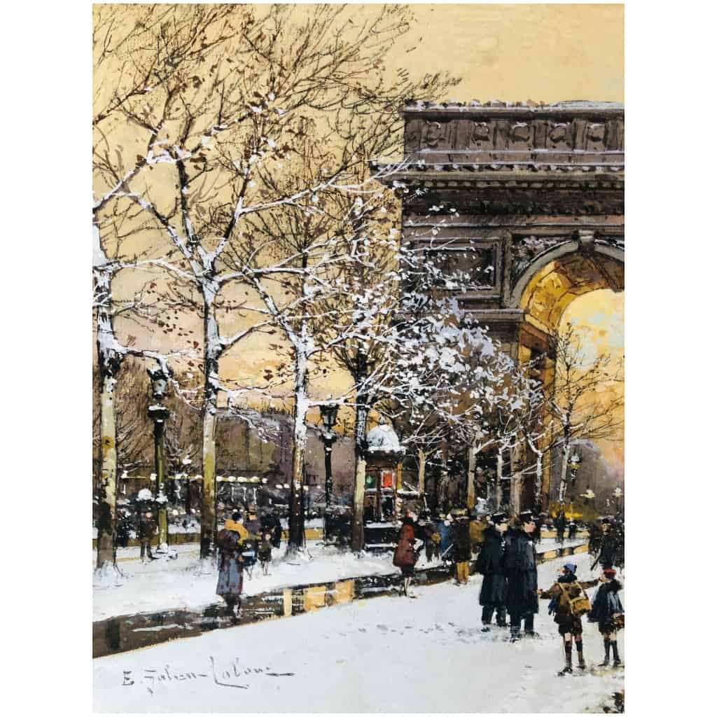 GALIEN LALOUE Tableau 20è Paris Animation sur les Champs Elysées et la place de l’Etoile Gouache Signée 4