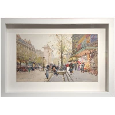 GALIEN LALOUE Eugène French Painting 20th Paris Animation on the Grands Boulevards Gouache Signed