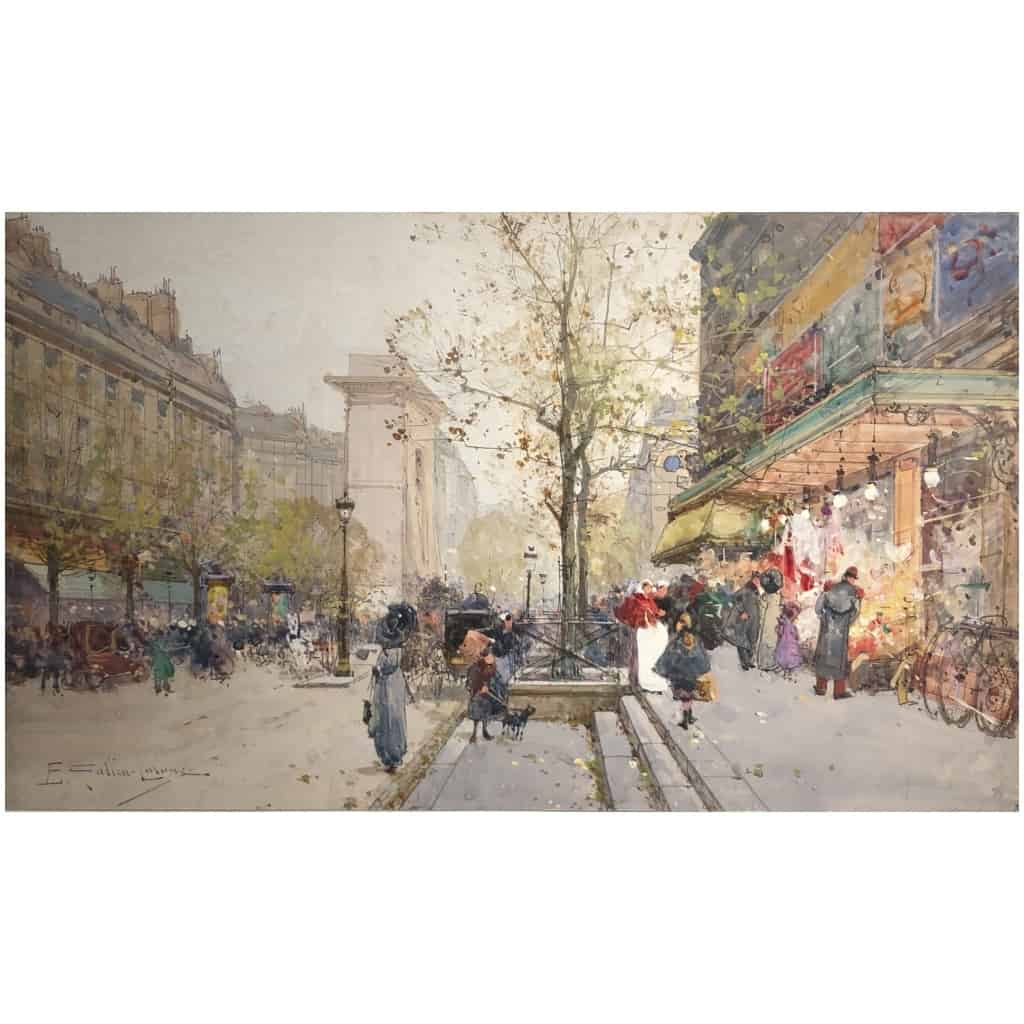 GALIEN LALOUE Eugène French Painting 20th Paris Animation sur les Grands Boulevards Gouache Signed 8