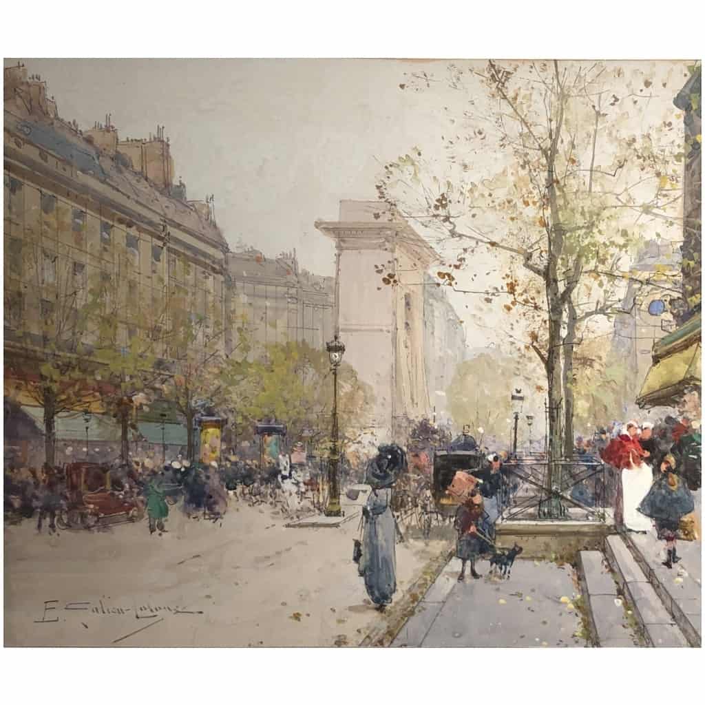GALIEN LALOUE Eugène French Painting 20th Paris Animation sur les Grands Boulevards Gouache Signed 7