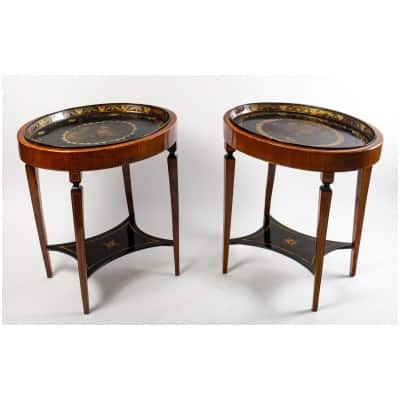 Paire de tables de salon en noyer à dessus amovibles en tôle peintes Italie vers 1800