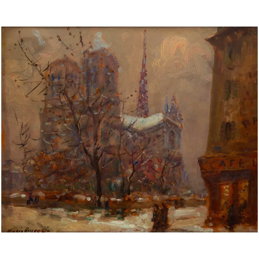 Mério Ameglio Notre Dame de Paris sous la neige huile sur panneau vers 1950 4
