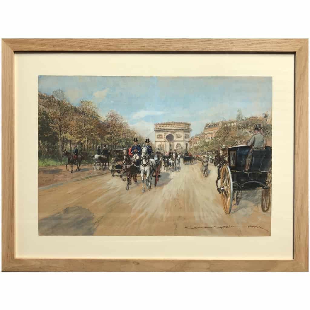 STEIN Georges Paris Animation Avenue Foch Vers l’Arc De Triomphe Aquarelle Signée 3