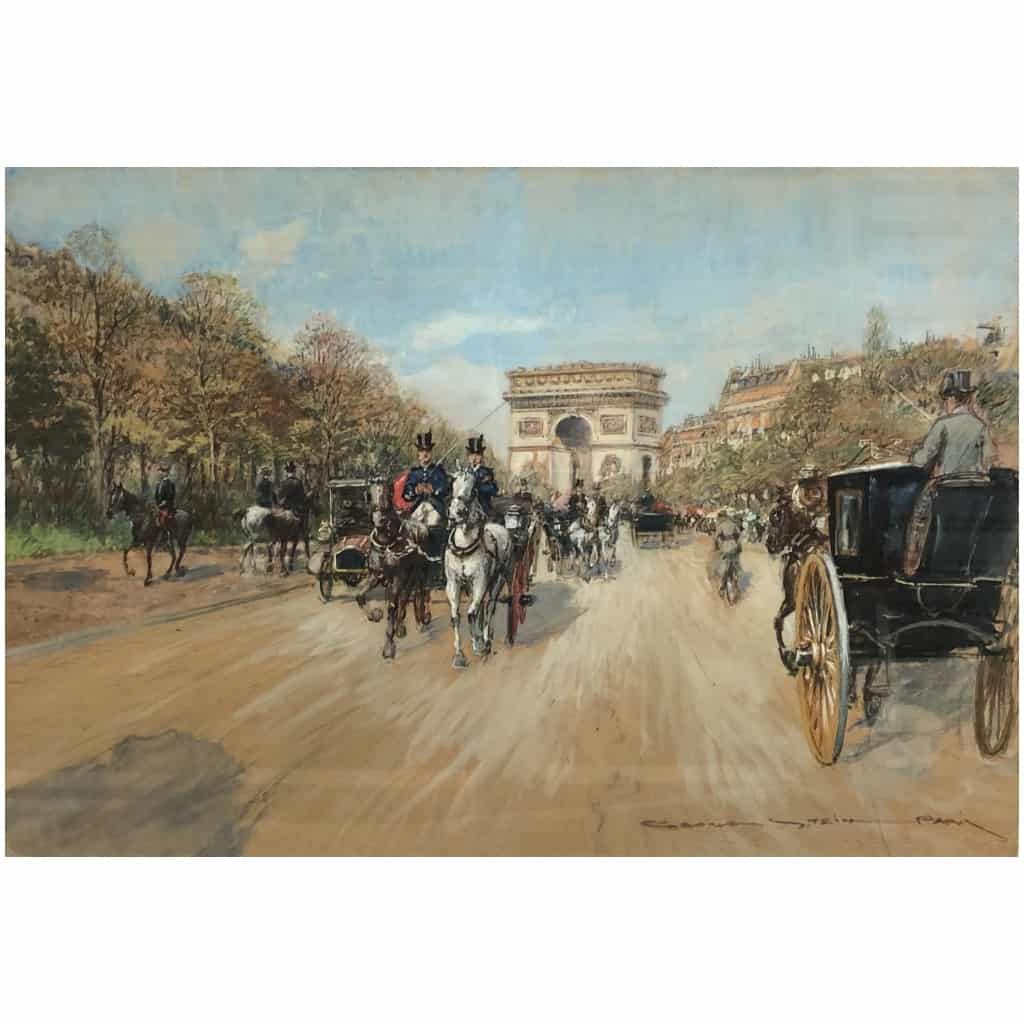 STEIN Georges Paris Animation Avenue Foch Vers l’Arc De Triomphe Aquarelle Signée 5