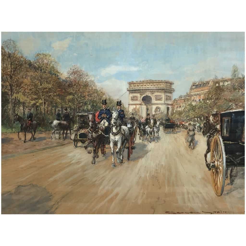 STEIN Georges Paris Animation Avenue Foch Vers l’Arc De Triomphe Aquarelle Signée 6