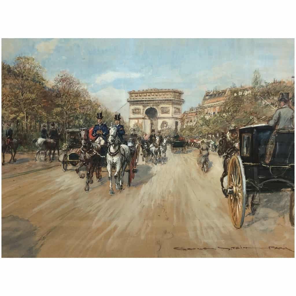 STEIN Georges Paris Animation Avenue Foch Vers l’Arc De Triomphe Aquarelle Signée 13