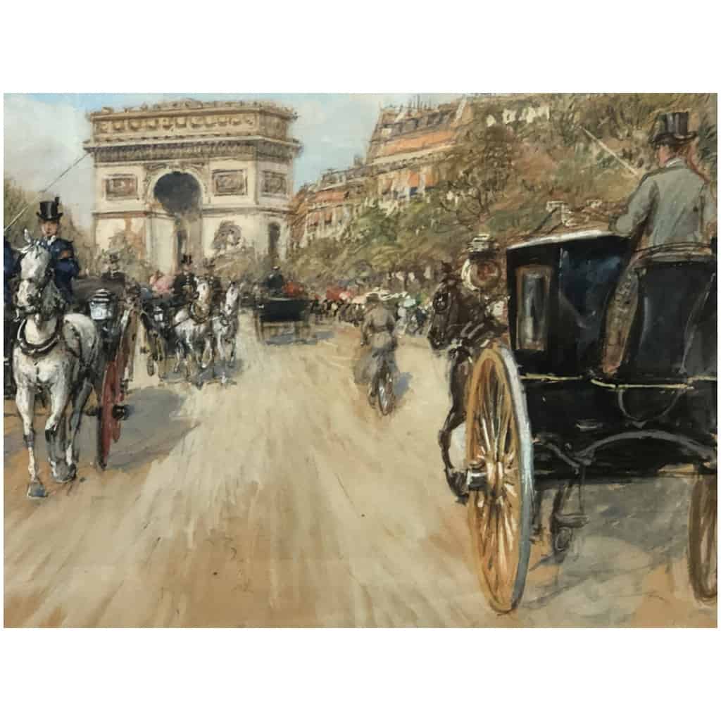STEIN Georges Paris Animation Avenue Foch Vers l’Arc De Triomphe Aquarelle Signée 11