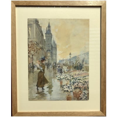 STEIN Georges Painting 20th Paris The Conciergerie and the flower market Watercolor Signed