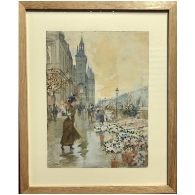 STEIN Georges Peinture 20è Paris La Conciergerie et le marché aux fleurs Aquarelle Signée