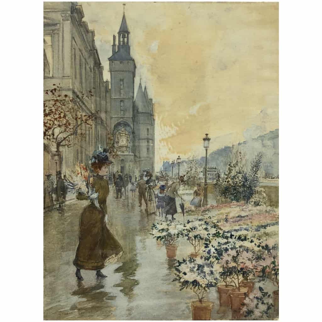 STEIN Georges Peinture 20è Paris La Conciergerie et le marché aux fleurs Aquarelle Signée 8