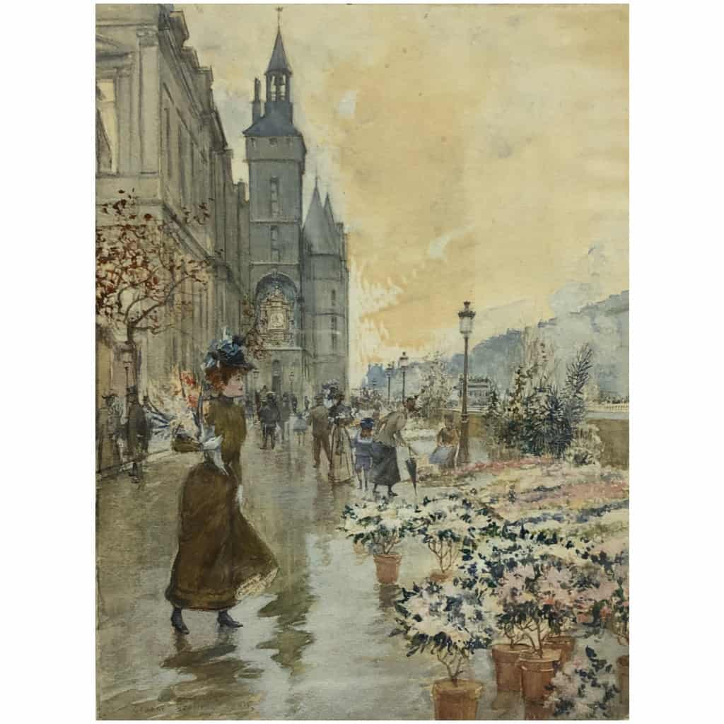 STEIN Georges Peinture 20è Paris La Conciergerie et le marché aux fleurs Aquarelle Signée 7