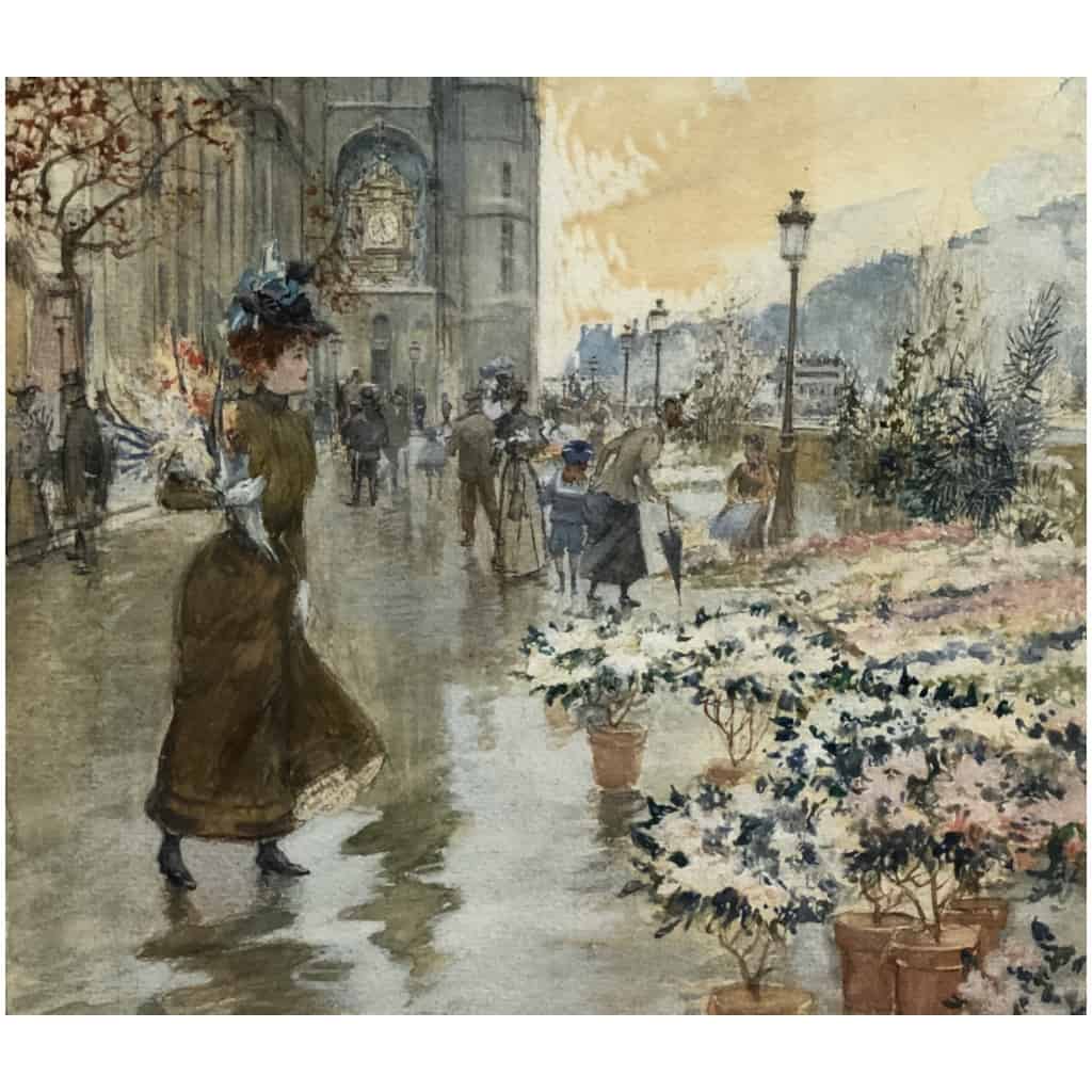 STEIN Georges Peinture 20è Paris La Conciergerie et le marché aux fleurs Aquarelle Signée 6