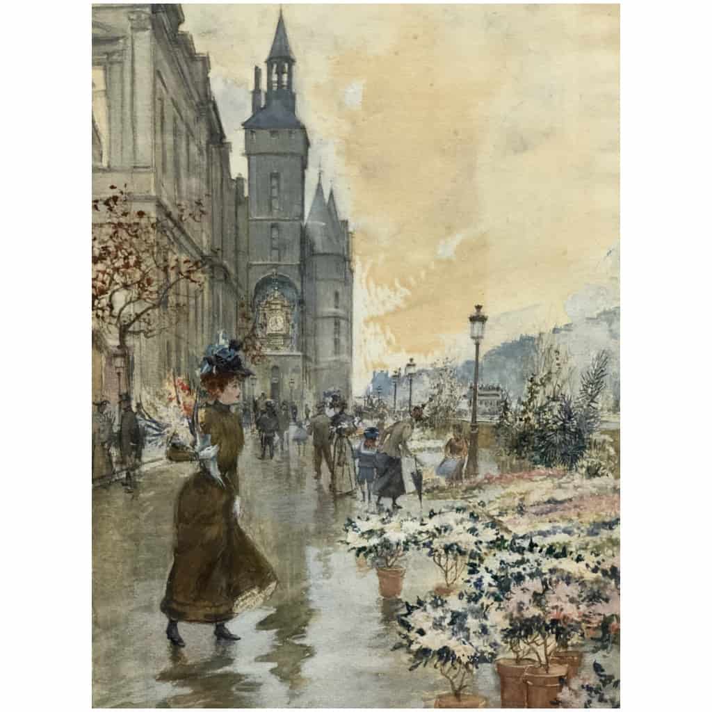 STEIN Georges Peinture 20è Paris La Conciergerie et le marché aux fleurs Aquarelle Signée 4