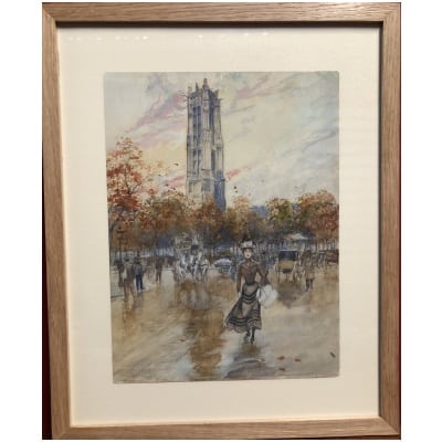 STEIN Georges Peinture 20è Paris Animation devant La Tour St Jacques Aquarelle Signée