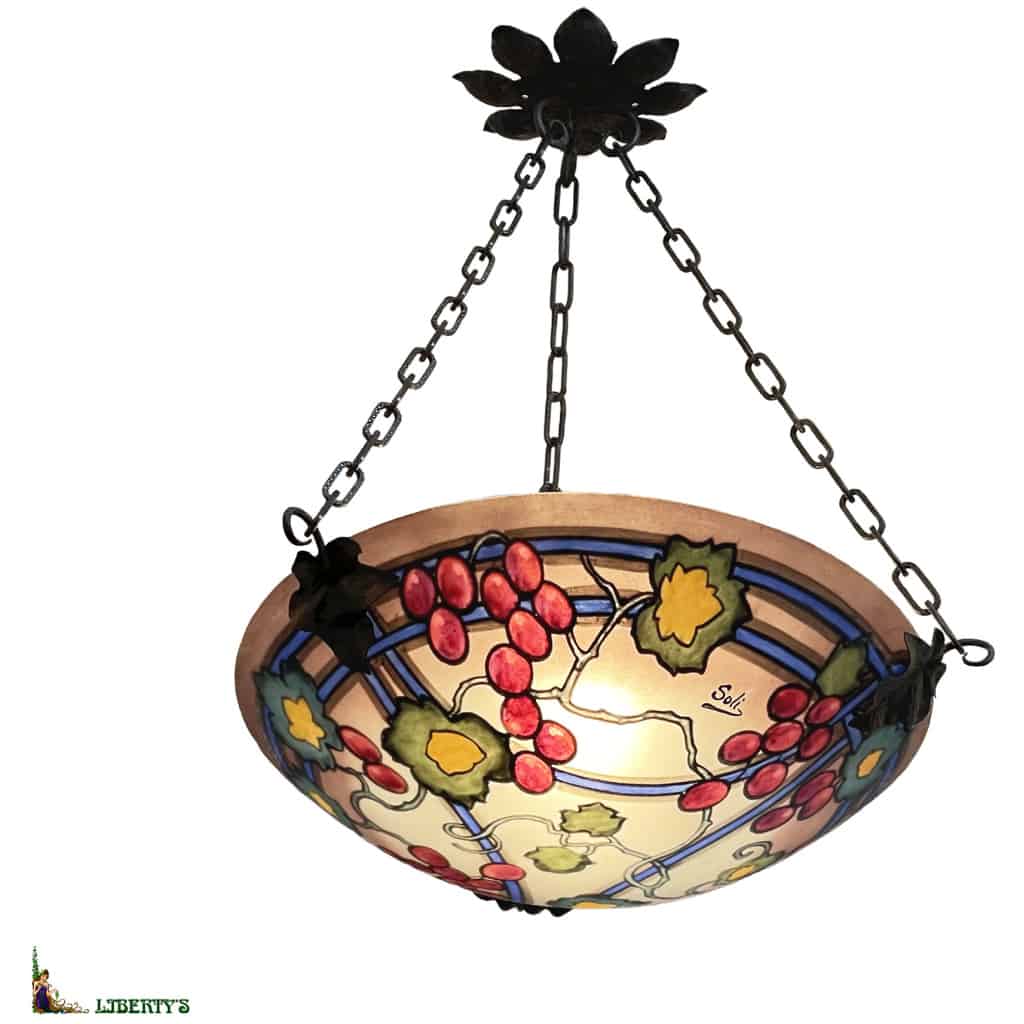 Art-deco pendant lamp in painted glass decorated with grapes and vine branches, signed Soli, diam. 35 cm, (Deb 3th) (Copy) XNUMX