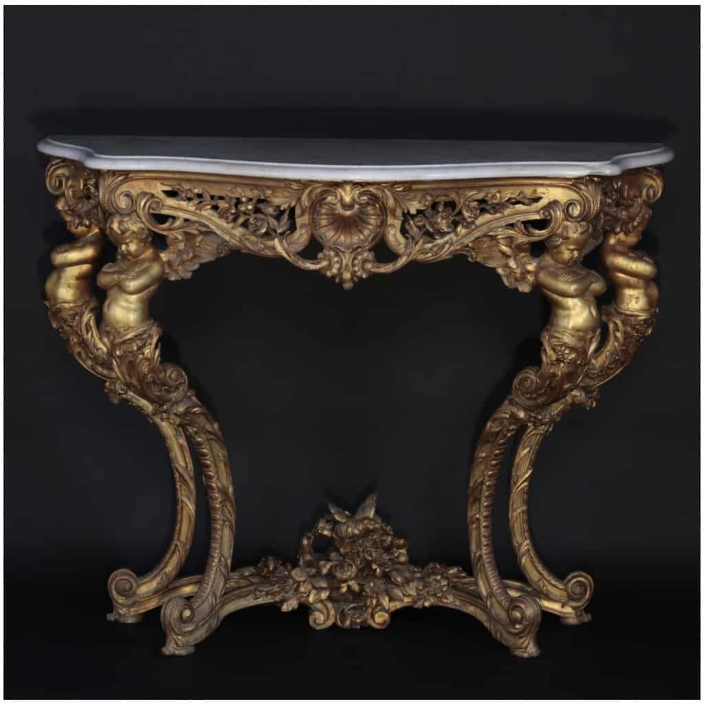 Console with Putti in carved and gilded oak, Carrara marble top, XIXe 3