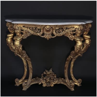 Console with Putti in carved and gilded oak, Carrara marble top, XIXe